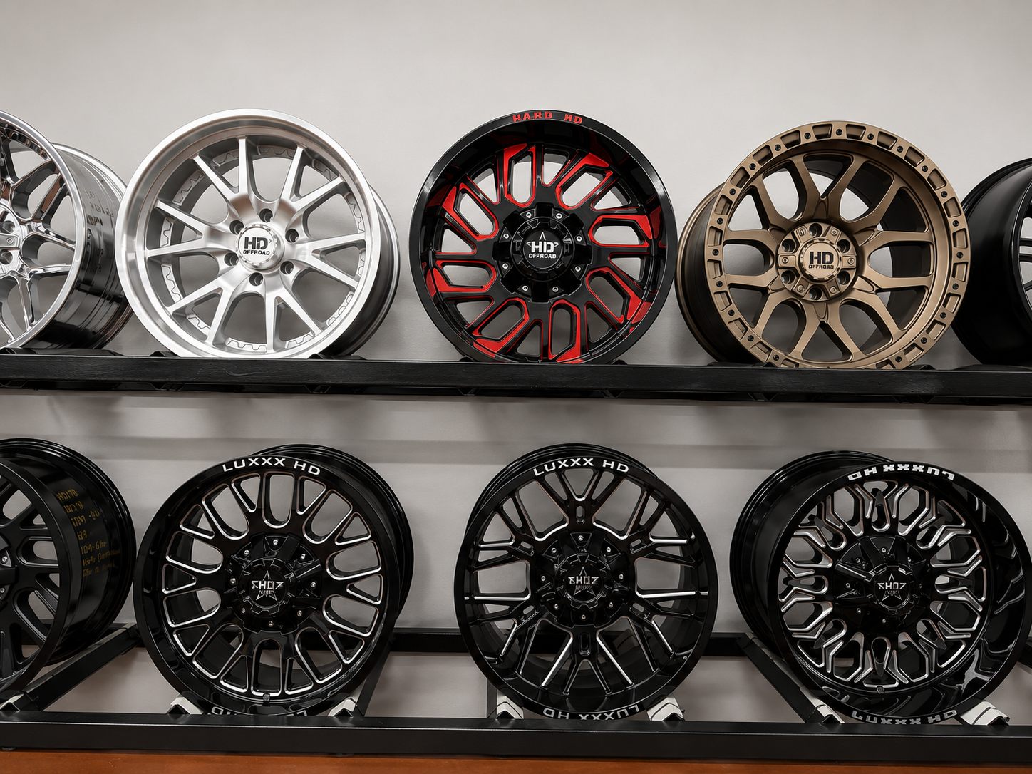 HD Offroad and Luxxx HD wheels on the showroom wall